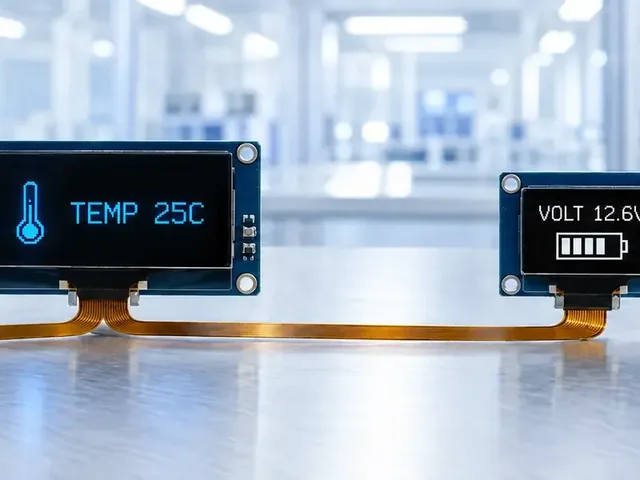 Two small monochrome OLED modules sharing a single I2C bus cable