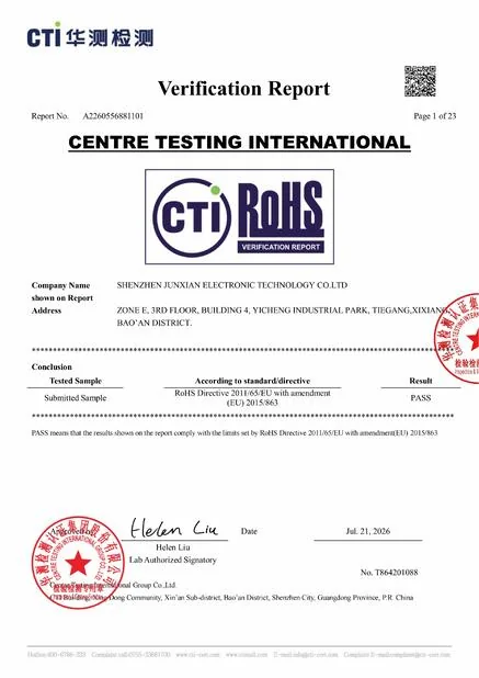 CTI RoHS verification report cover page for Junxian, report number A2260556881101