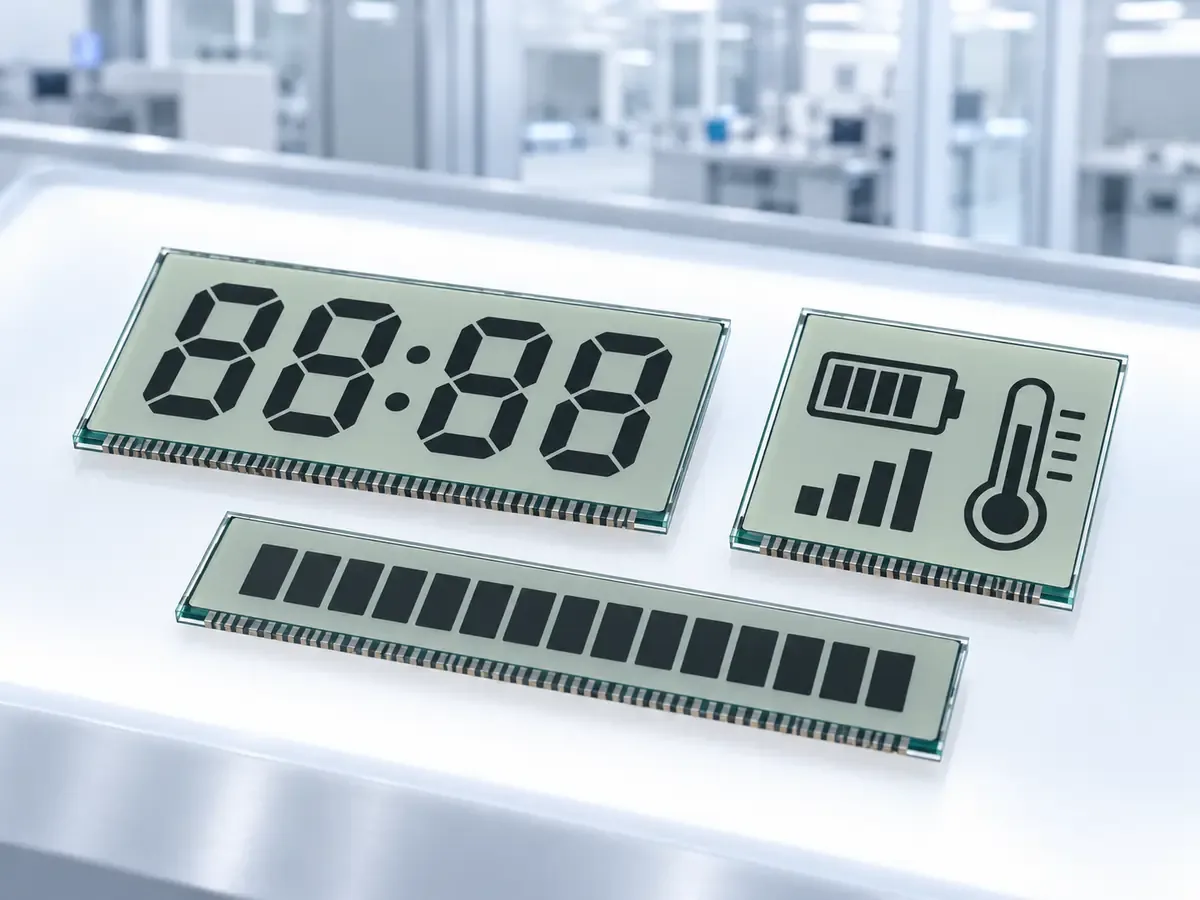 Custom segment glass with digit, icon and bar segments on a light box