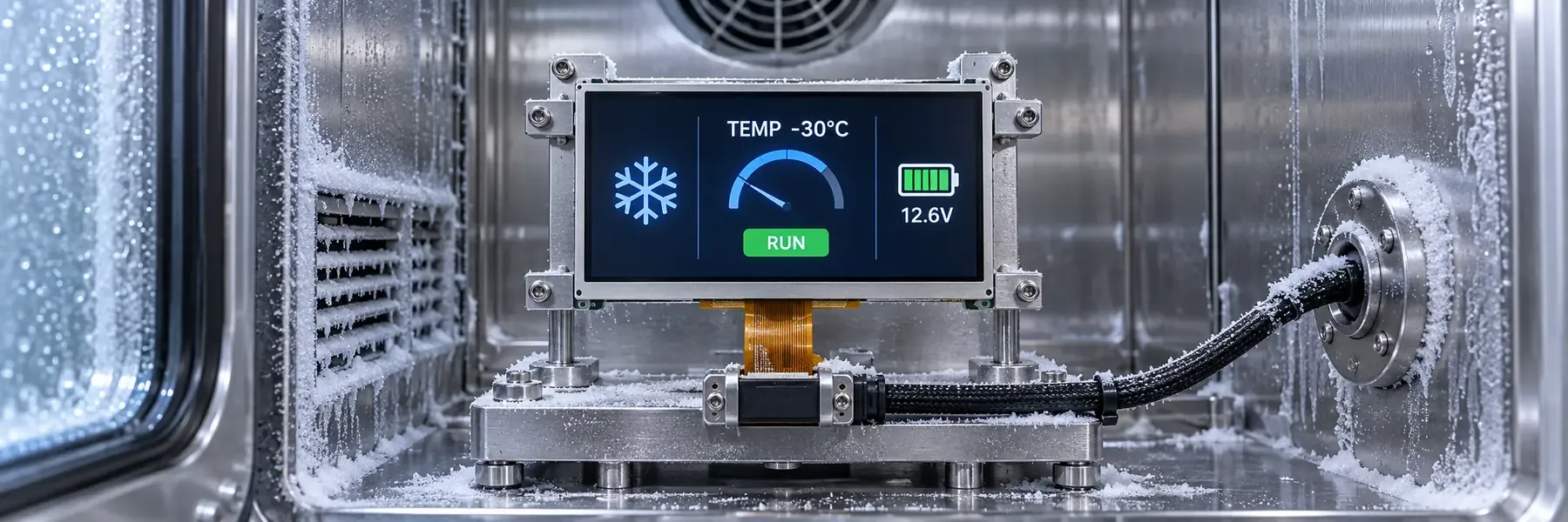 Display module powered on inside a frosted environmental test chamber