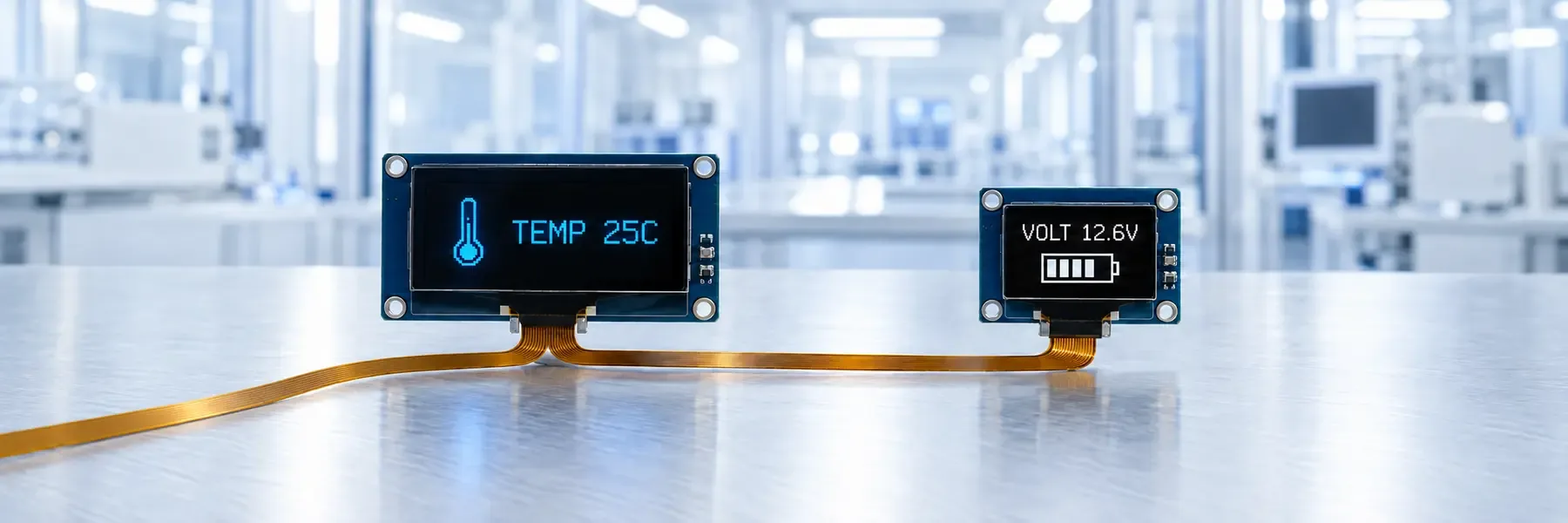Two small monochrome OLED modules sharing a single I2C bus cable